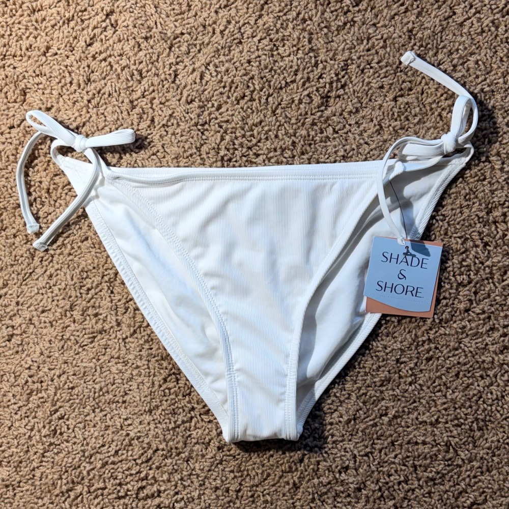 Shade & Shore Off White Ribbed Low Rise High Leg Swim Bikini Bottoms 8-10 NWT